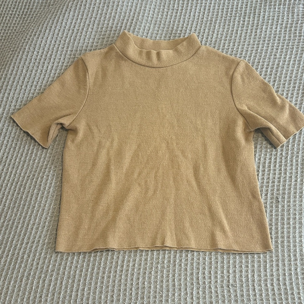 Zara Camel Short Sleeve Mock Neck Top